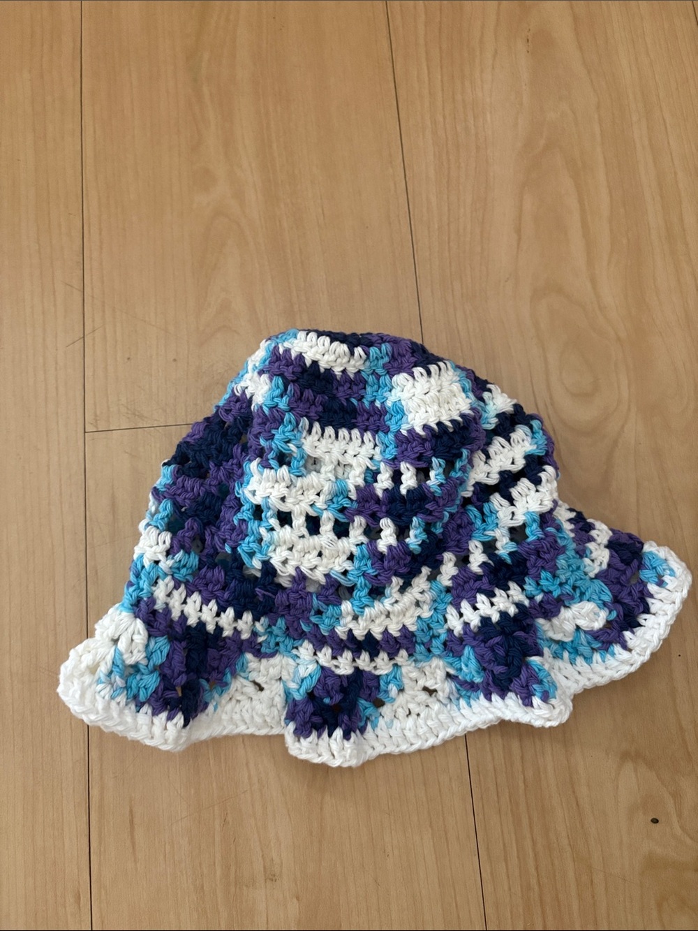 Kids Crocheted Bucket Hat in White, Blue & Purple